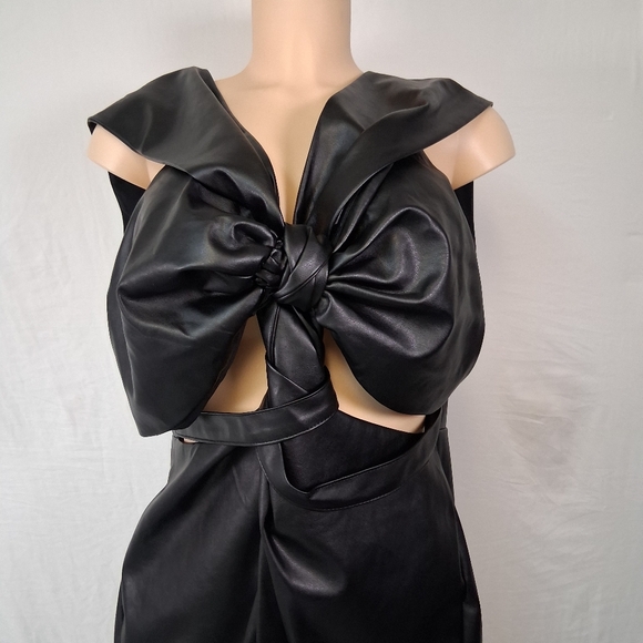 FTF Strapless Black Faux Leather Knot-Front Evening Dress Midi - Picture 13 of 16